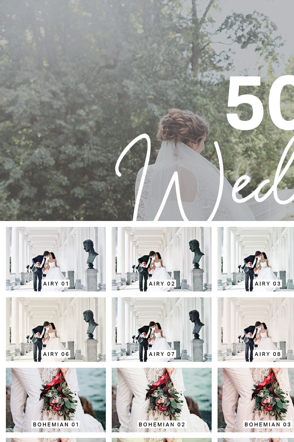 50 Wedding Lightroom Presets + LUTs pinterest preview image.