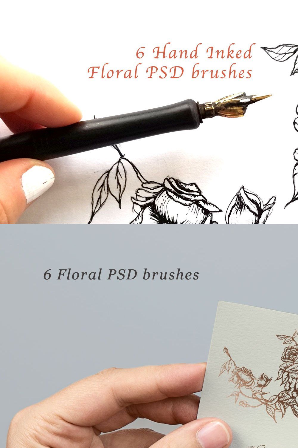 6 Hand Inked Floral PSD Brushes pinterest preview image.