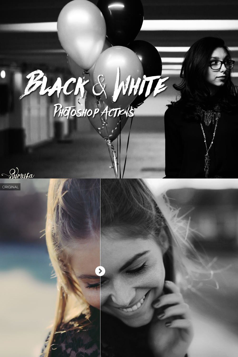60 Black & White Photoshop Actions pinterest preview image.