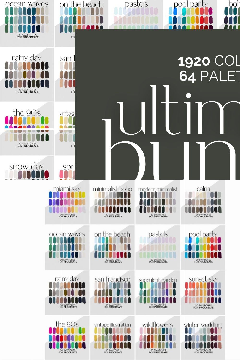 64 Palettes for Procreate and Adobe pinterest preview image.