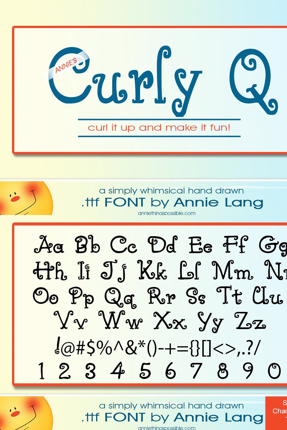 Annie's Curly Q Font pinterest preview image.