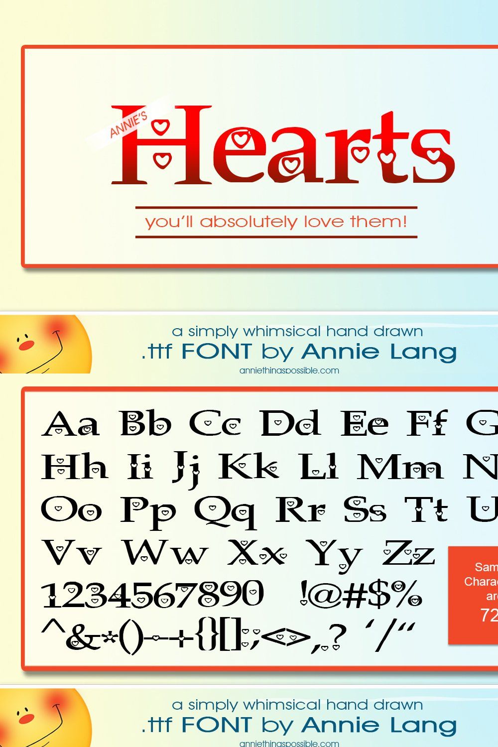 Annie's Hearts Font pinterest preview image.