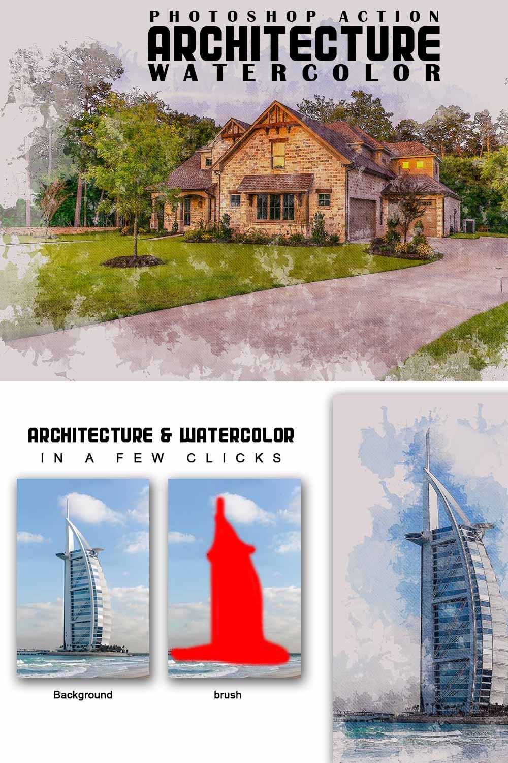 Architecture Watercolor PS Action pinterest preview image.