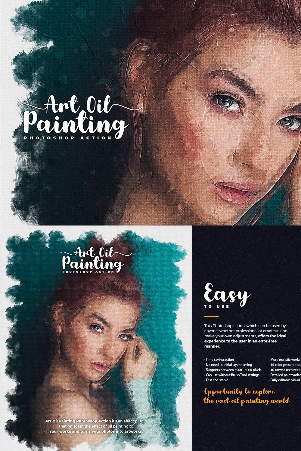 Art Oil Painting Photoshop Action pinterest preview image.