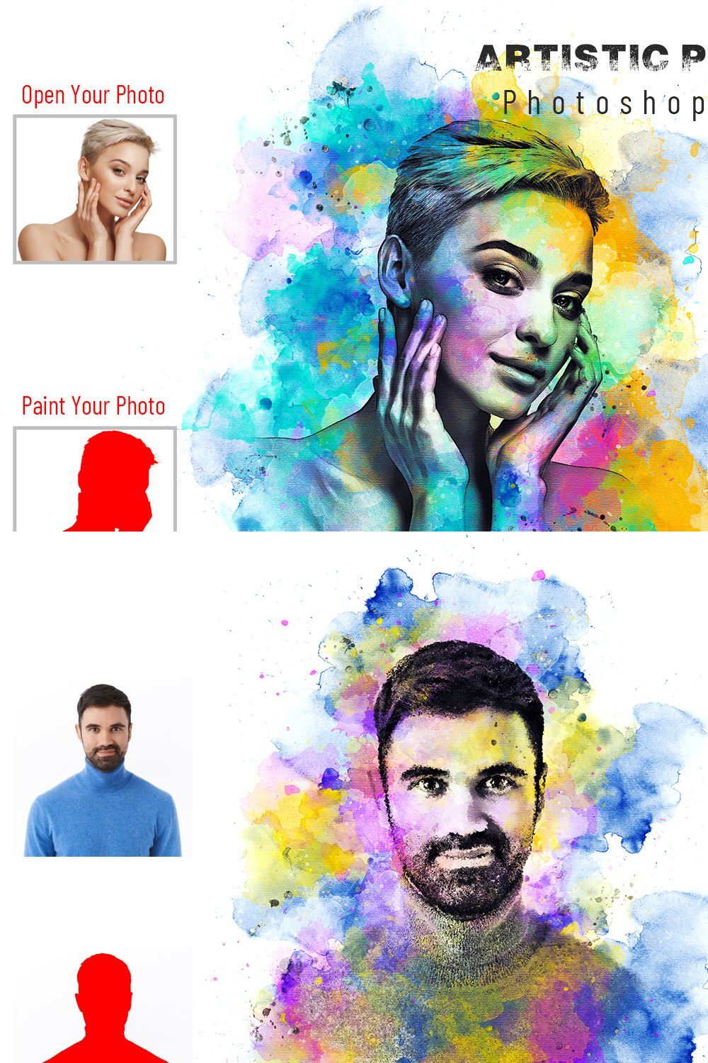 Artistic Portrait Photoshop Action pinterest preview image.