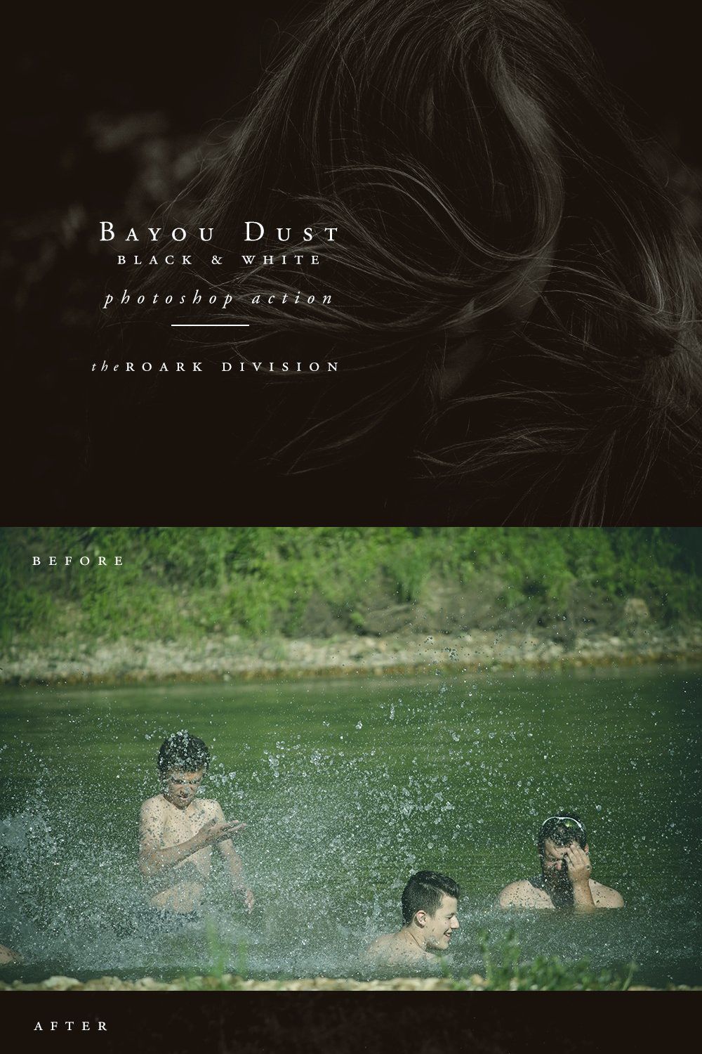 Bayou Dust Black and White Action pinterest preview image.