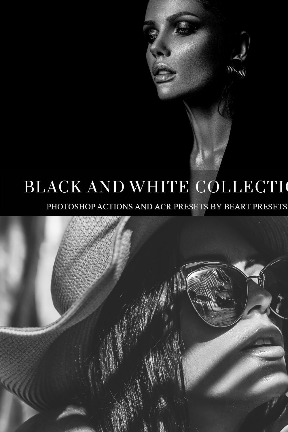 Black and white Photoshop actions pinterest preview image.