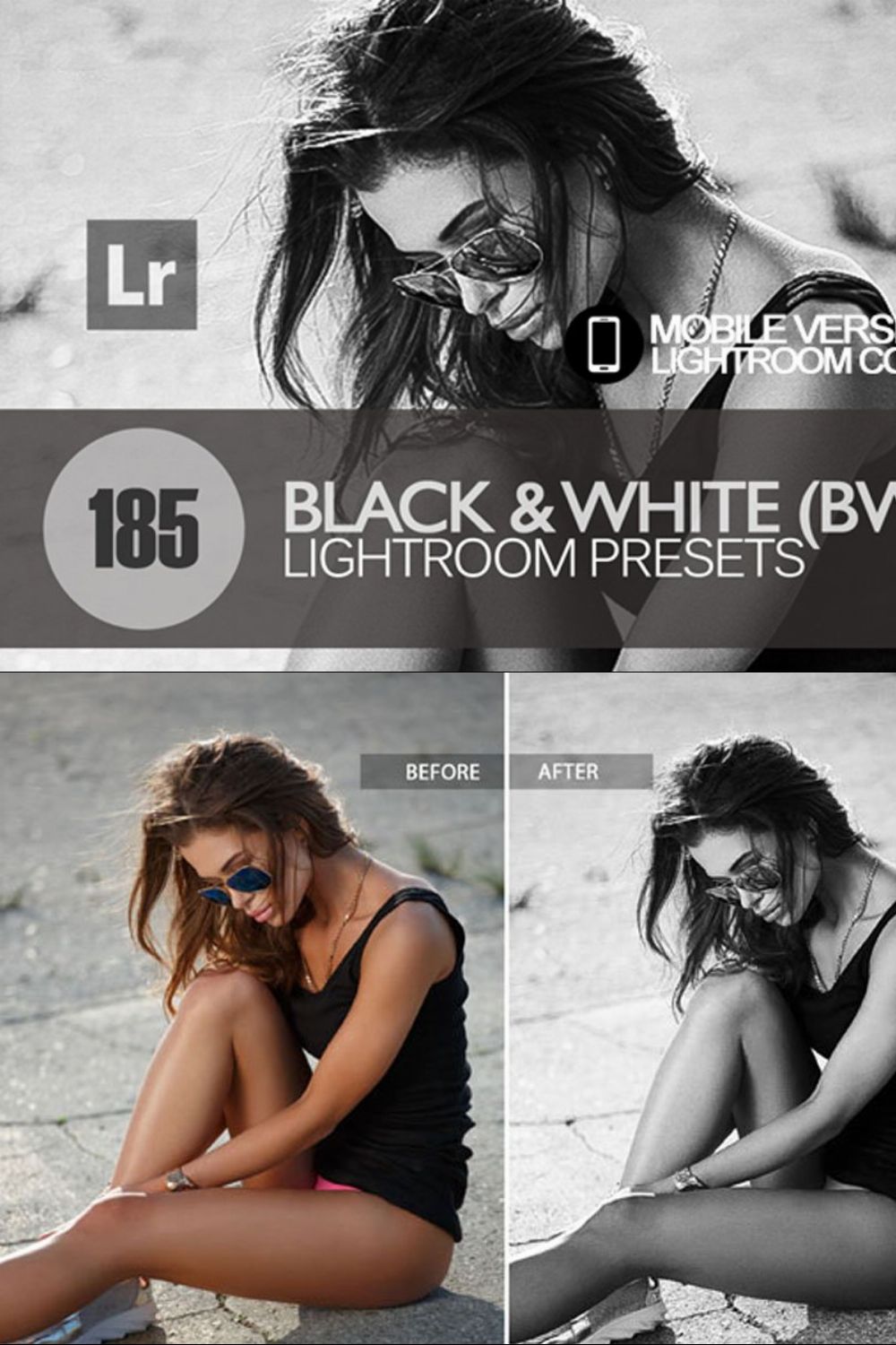 Black White Lightroom Mobile Presets pinterest preview image.