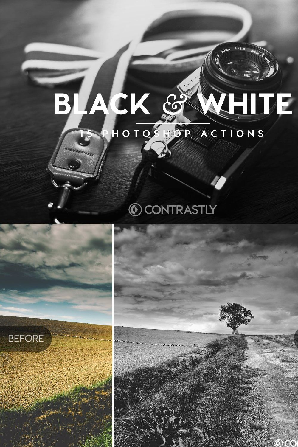 Black & White Photoshop Actions pinterest preview image.