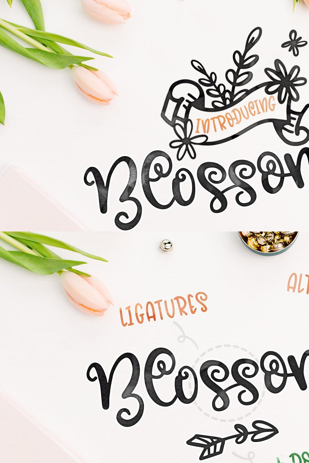 Blossomy - Font Duo + Floral Doodles pinterest preview image.