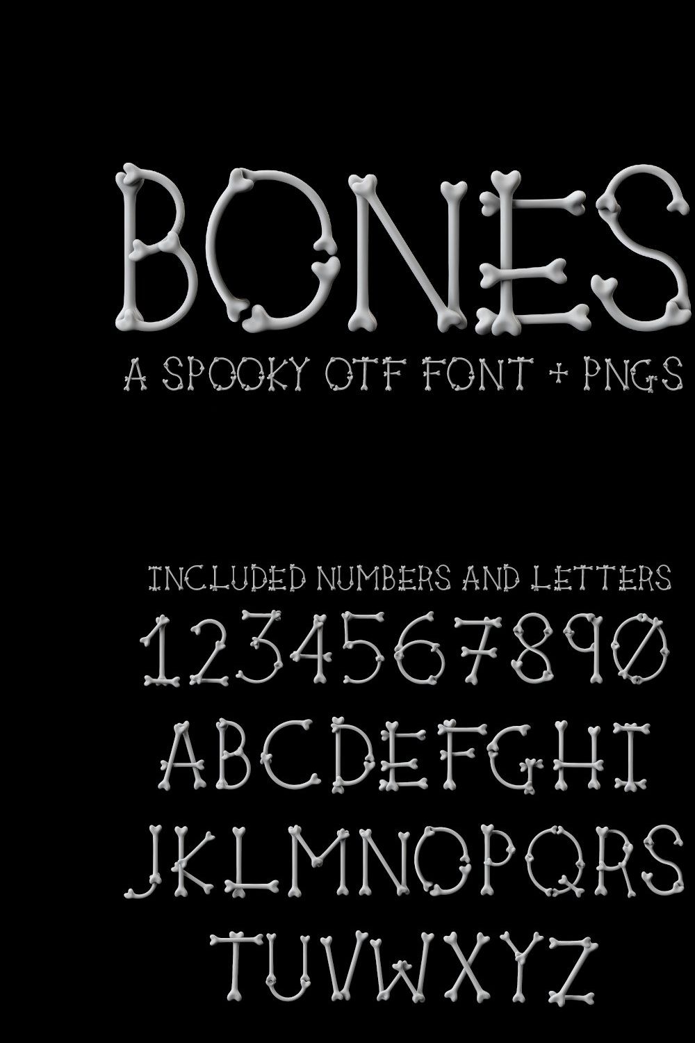 Bones OTF font and PNG images pinterest preview image.