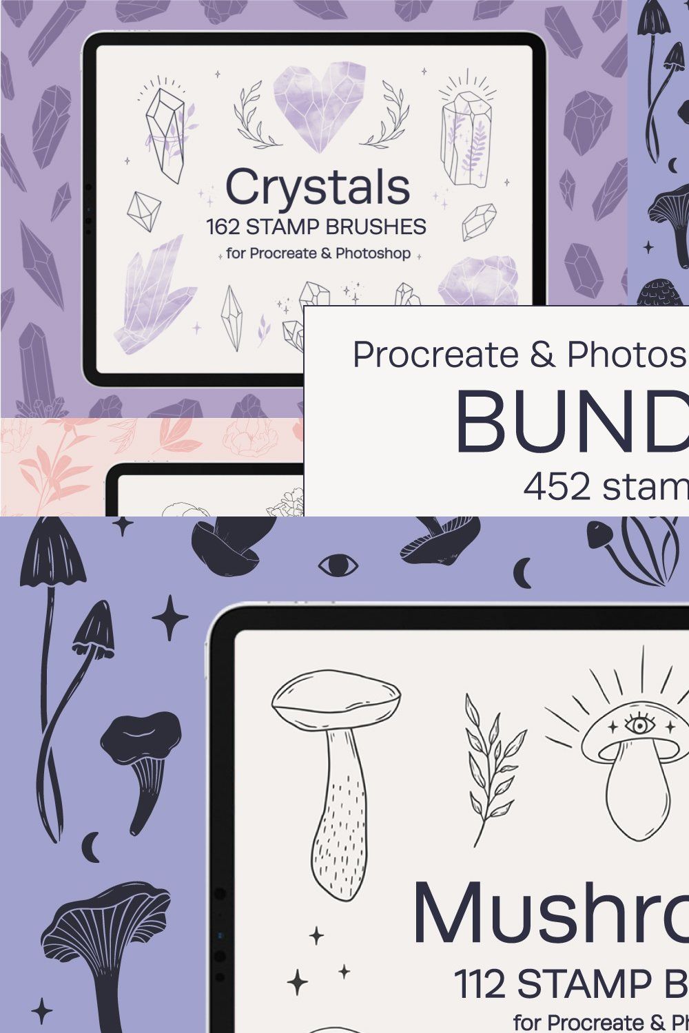 Bundle. Mushrooms, Crystals, Peony. pinterest preview image.