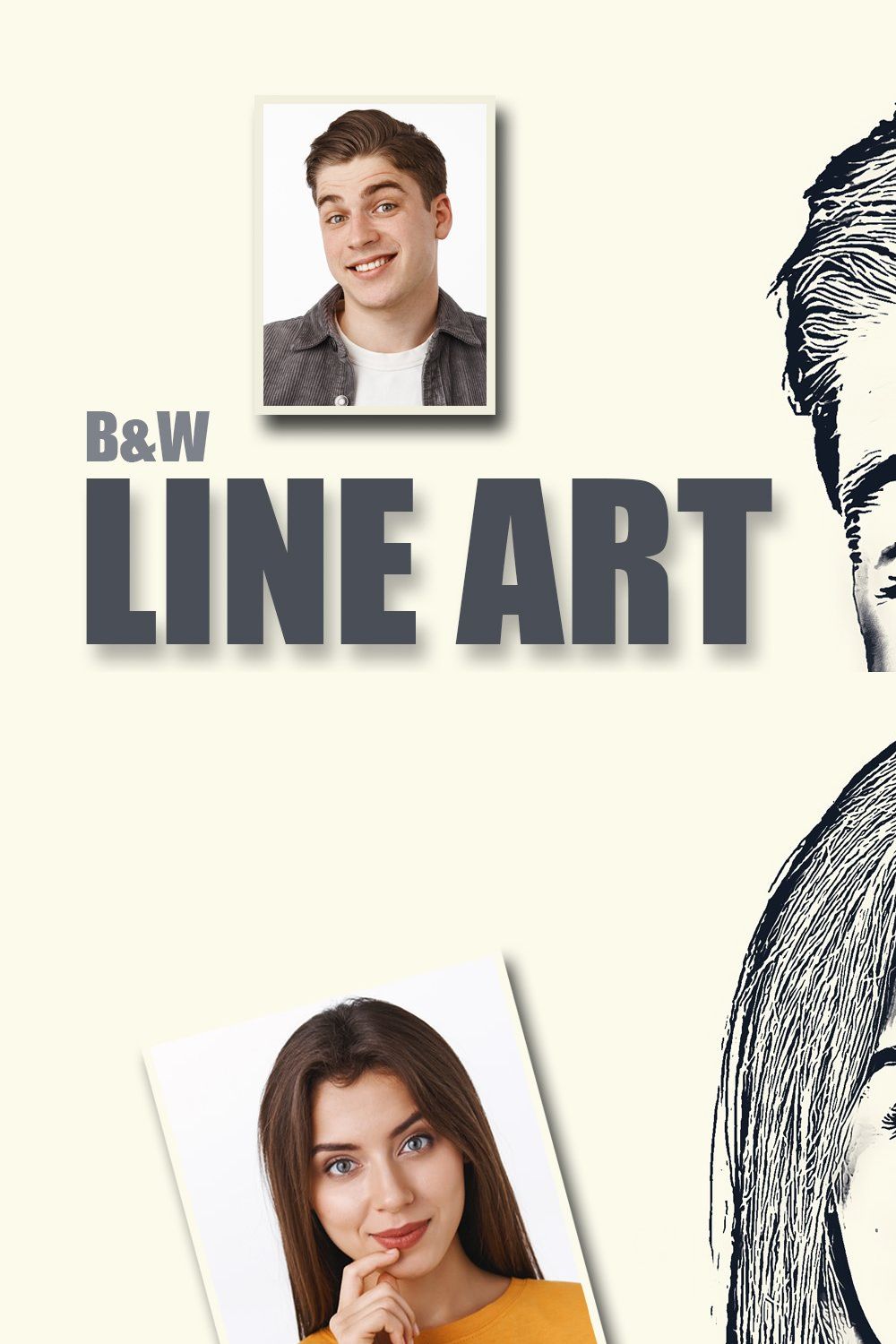 B&W Line Art Photoshop Action pinterest preview image.