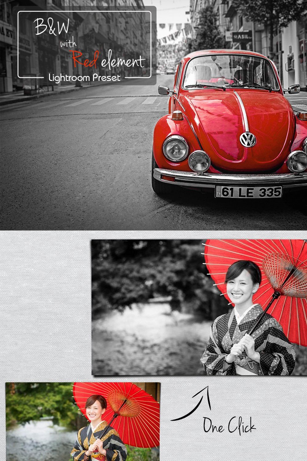 B&W lr preset with Red elemen pinterest preview image.