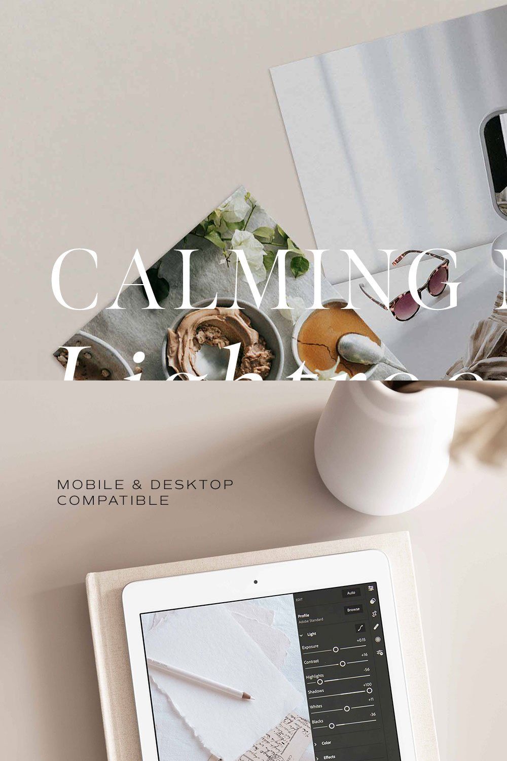 Calming Neutrals Lightroom Presets pinterest preview image.