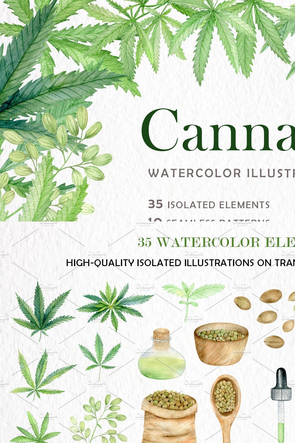 Cannabis watercolor set pinterest preview image.
