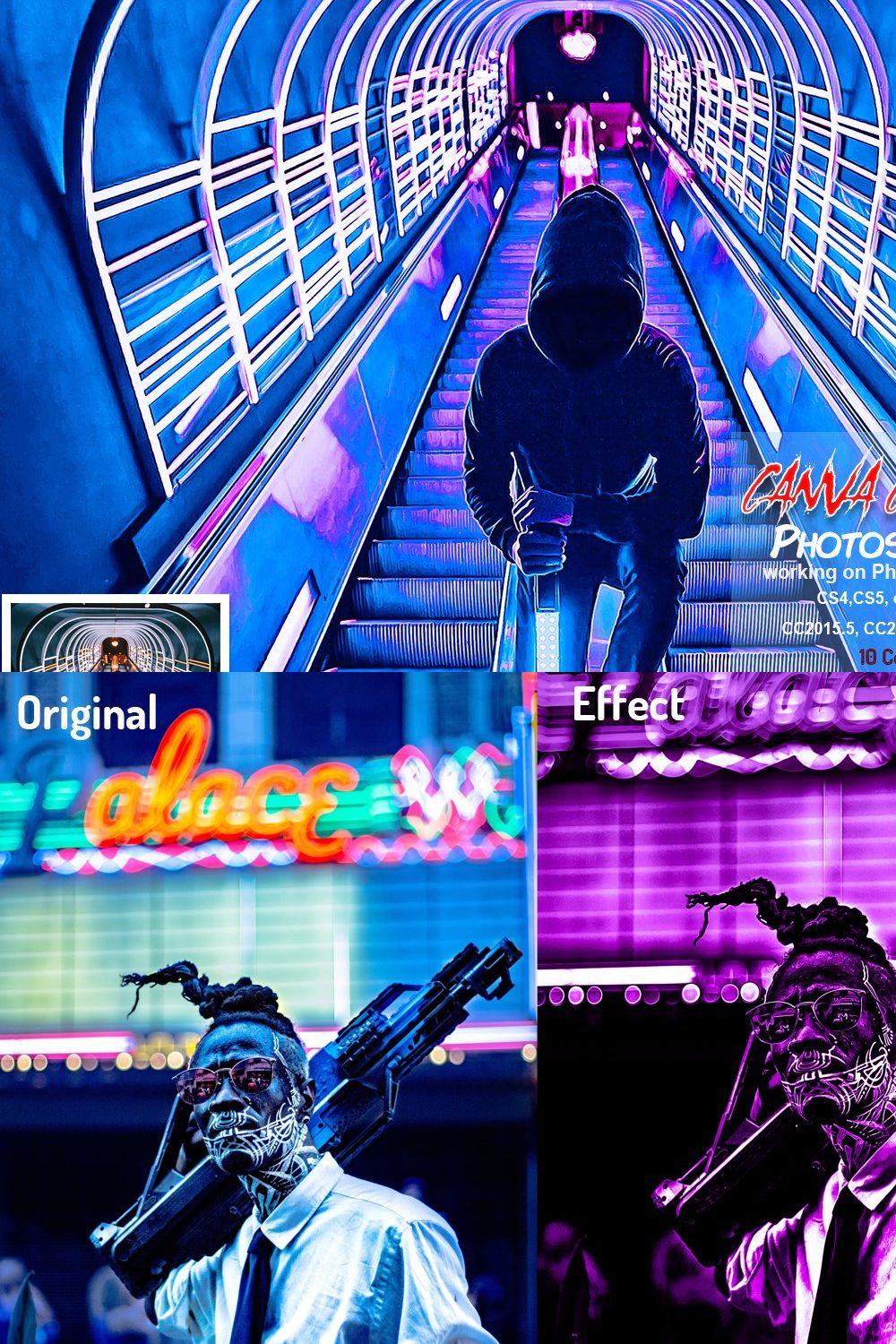 Canva Cyberpunk Photoshop Action pinterest preview image.