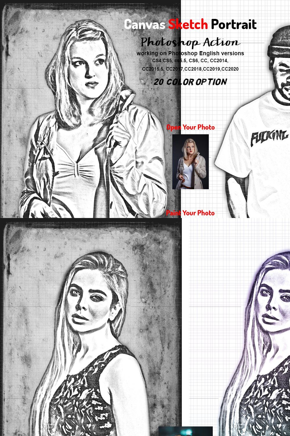 Canvas Sketch Portrait PS Action pinterest preview image.