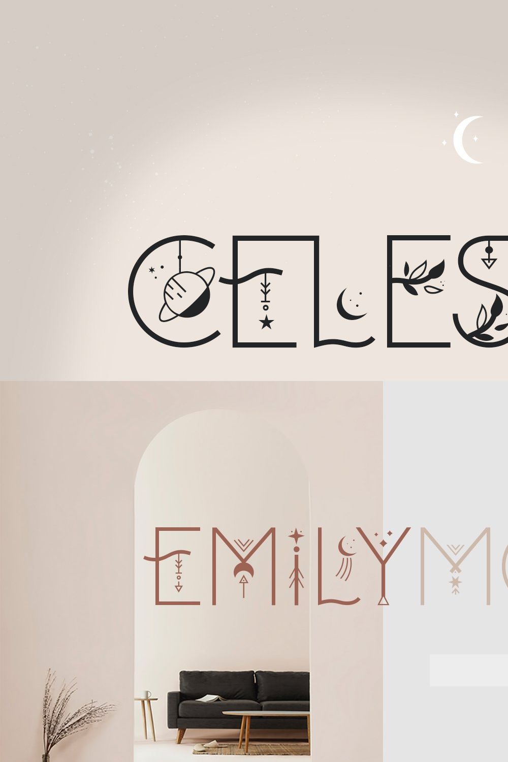 Celestial | Boho style font duo pinterest preview image.