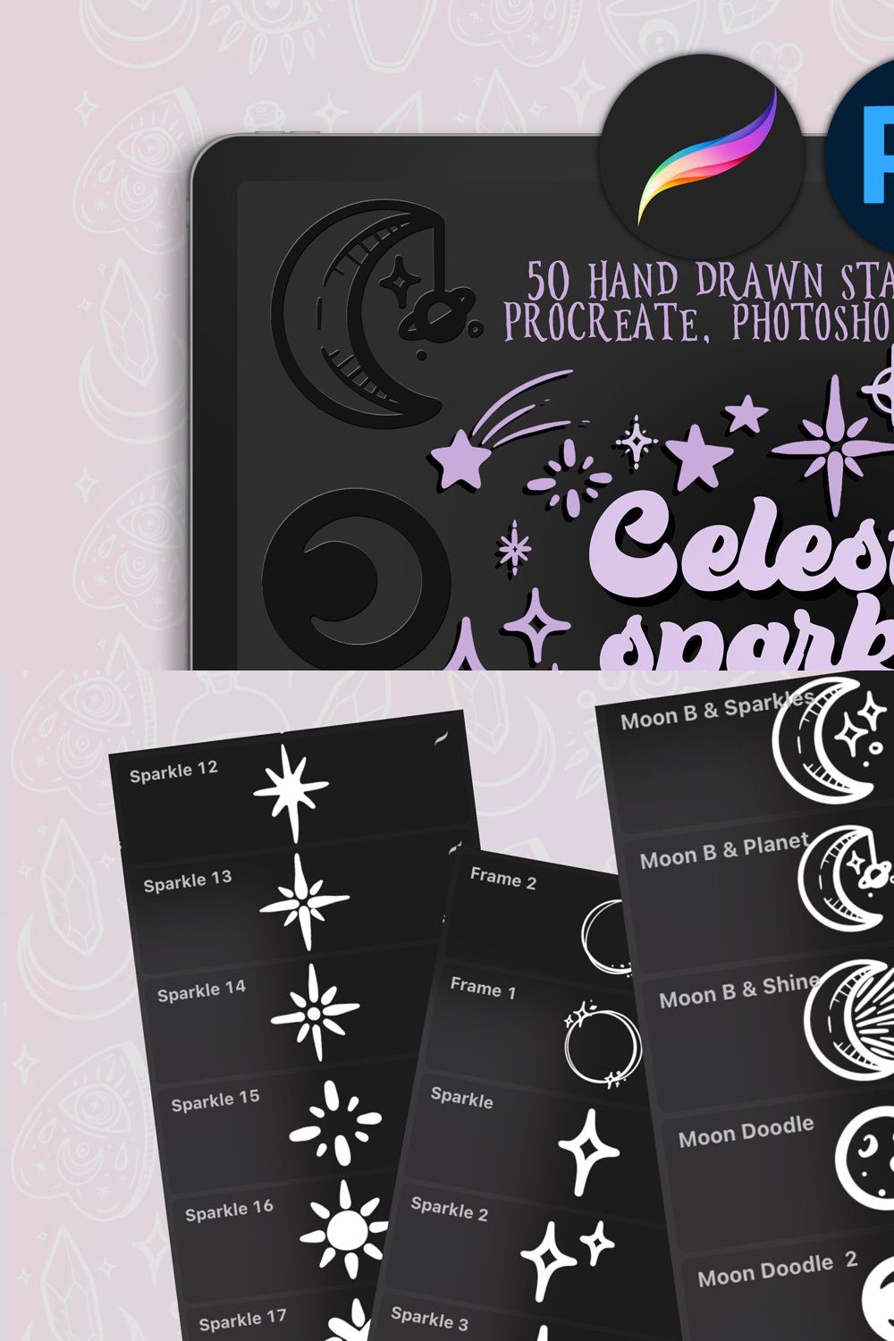 Celestial Sparkles - 50x stamp brush pinterest preview image.