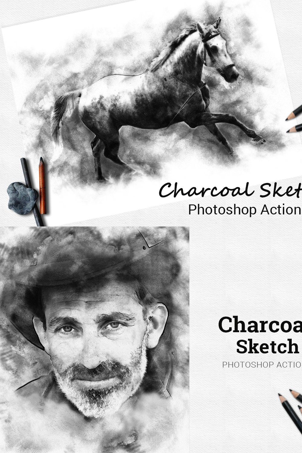 Charcoal Sketch Photoshop Action pinterest preview image.