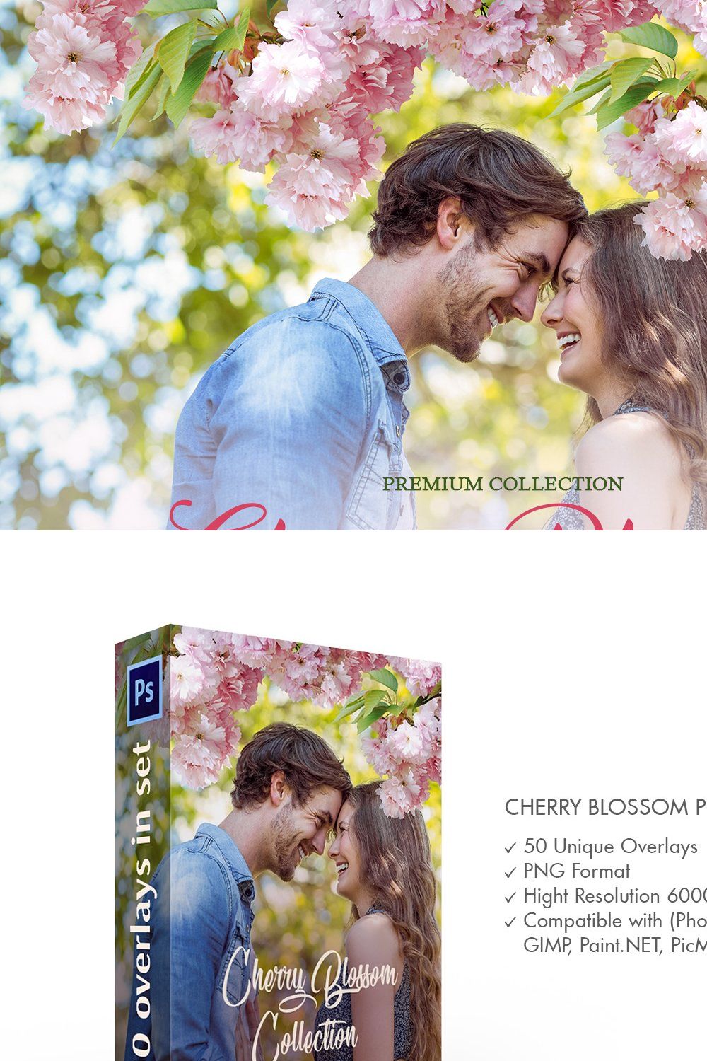 Cherry Blossom Photoshop Overlays pinterest preview image.