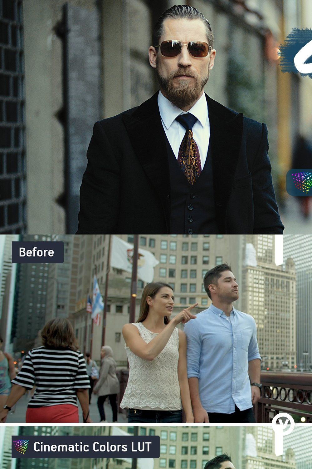 Cinematic Colors Video LUTs pinterest preview image.