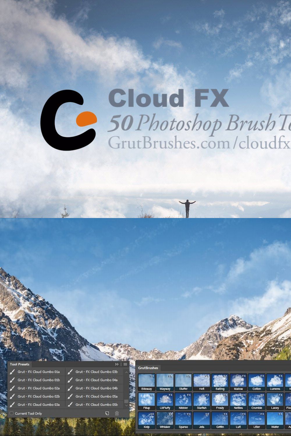 Cloud FX • 50 Photoshop Brush Tools pinterest preview image.