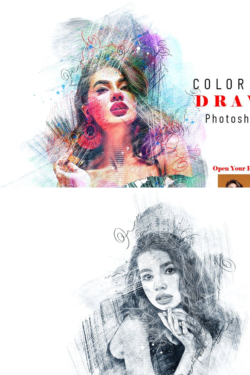 Color Pencil Drawing PS Action pinterest preview image.
