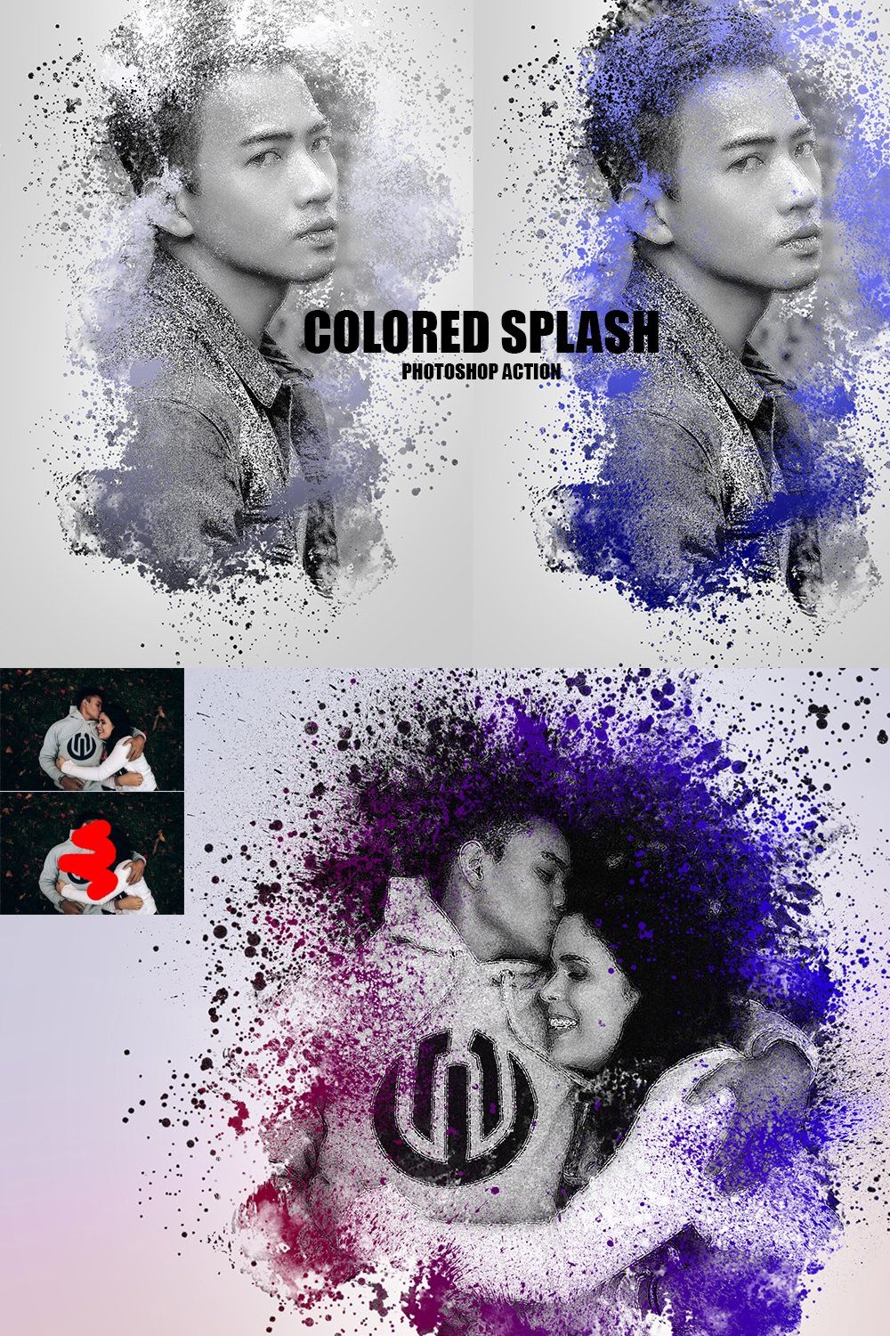 Colored Splash Photoshop Action pinterest preview image.