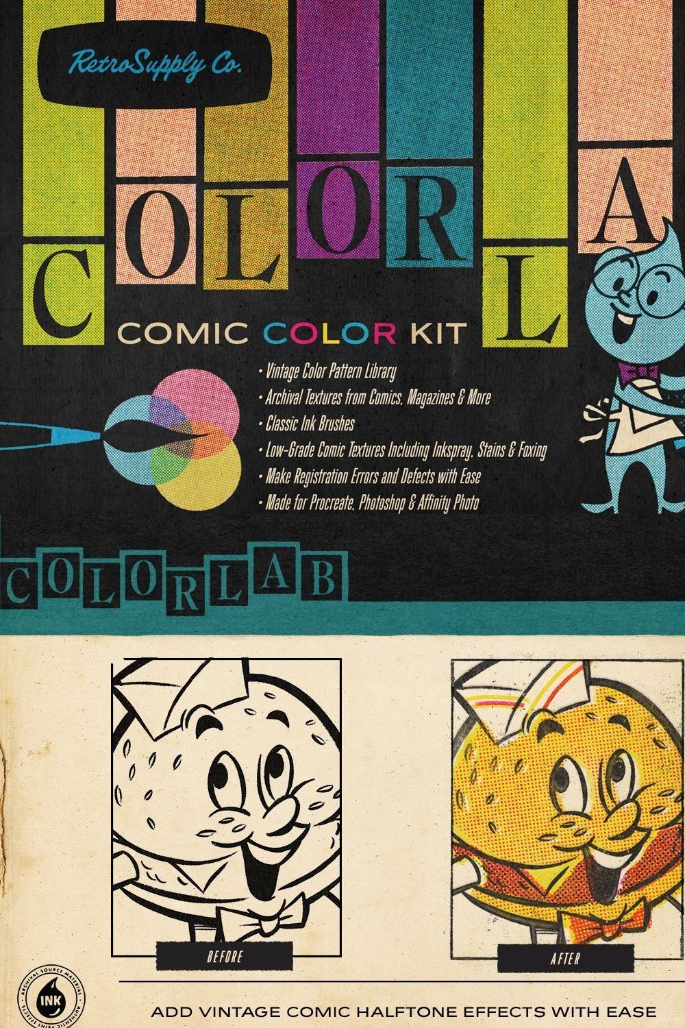 ColorLab Photoshop Vintage Comic Kit pinterest preview image.