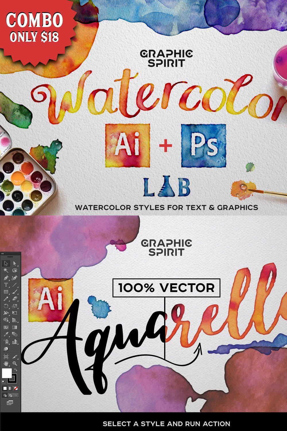 Combo: WATERCOLOR Lab Ai+Ps pinterest preview image.