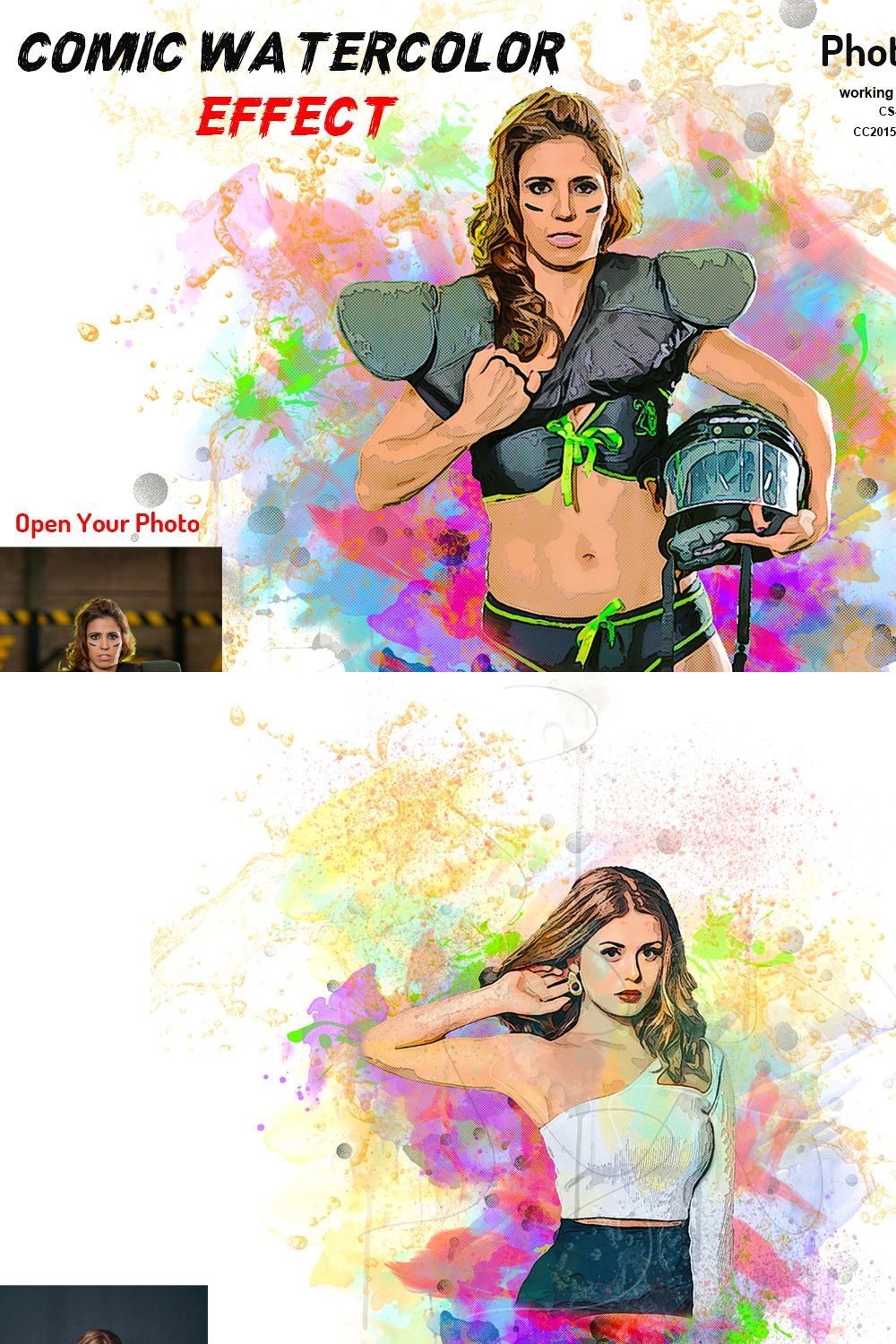 Comic Watercolor Effect PS Action pinterest preview image.