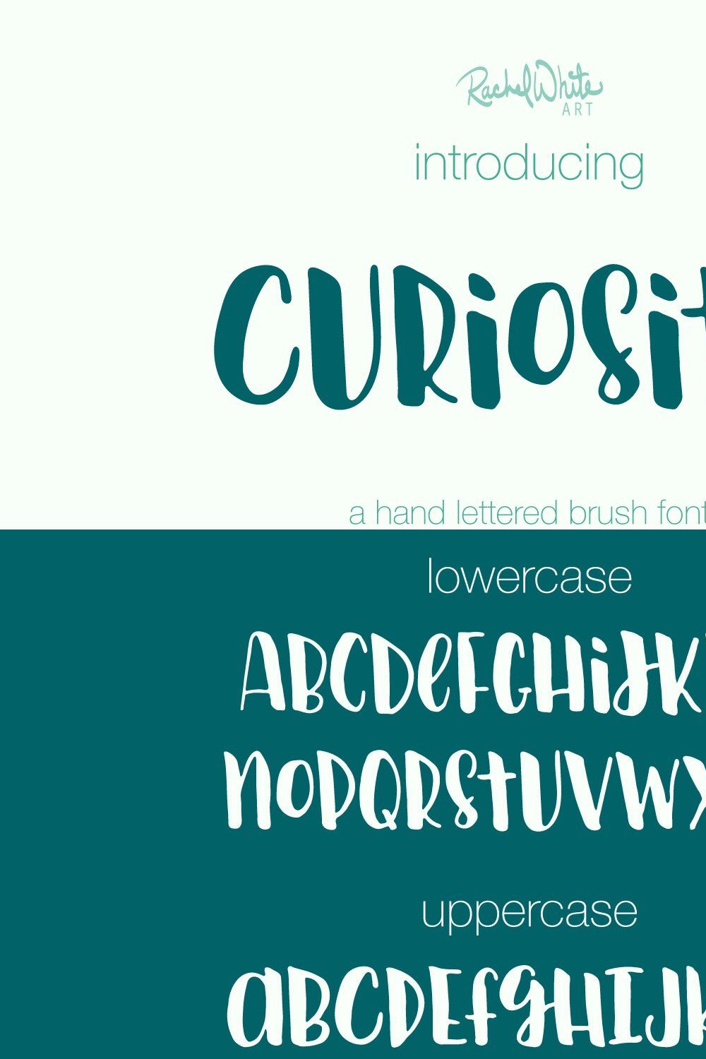 Curiosity, hand lettered brush font pinterest preview image.
