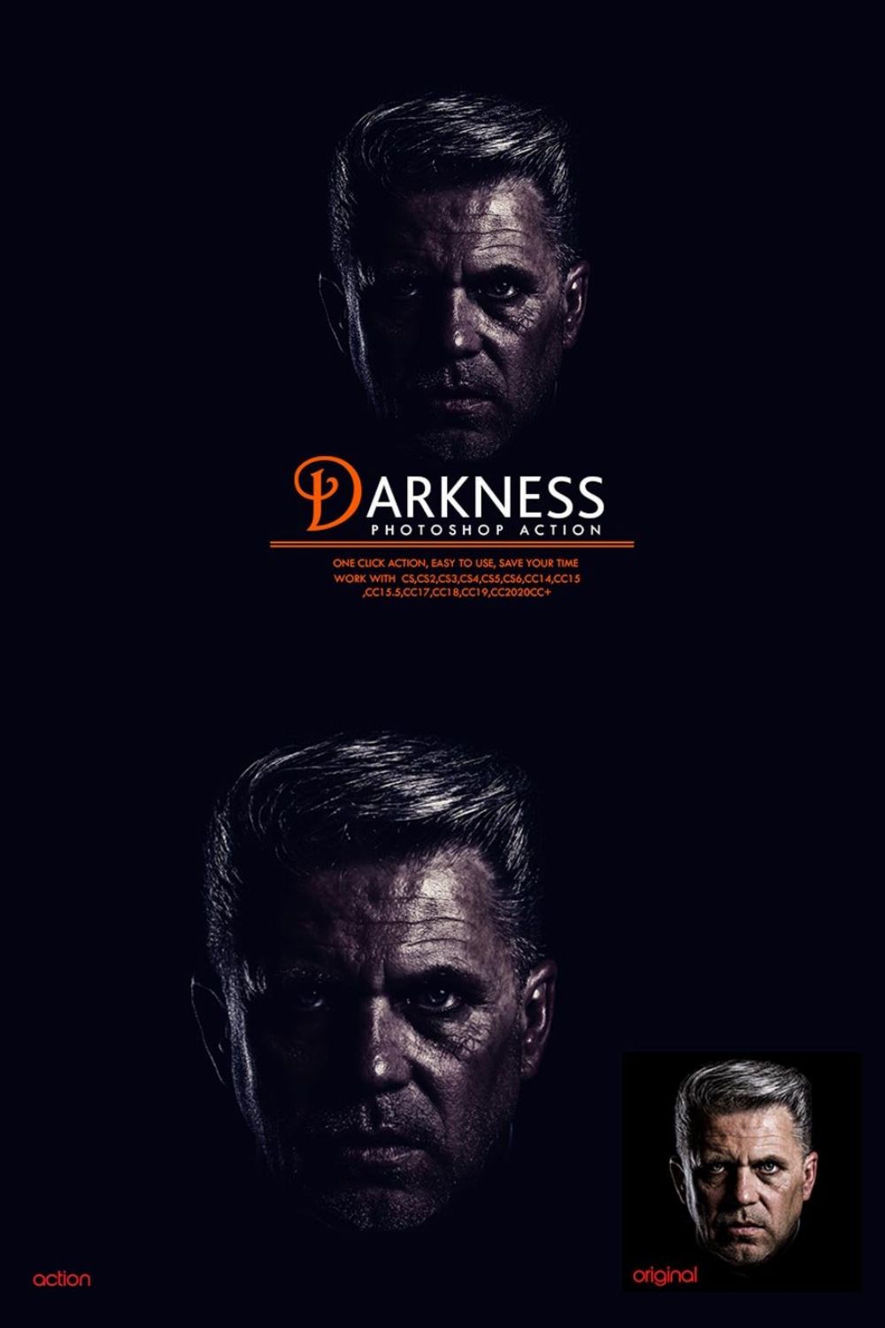 Darkness Photoshop Action pinterest preview image.