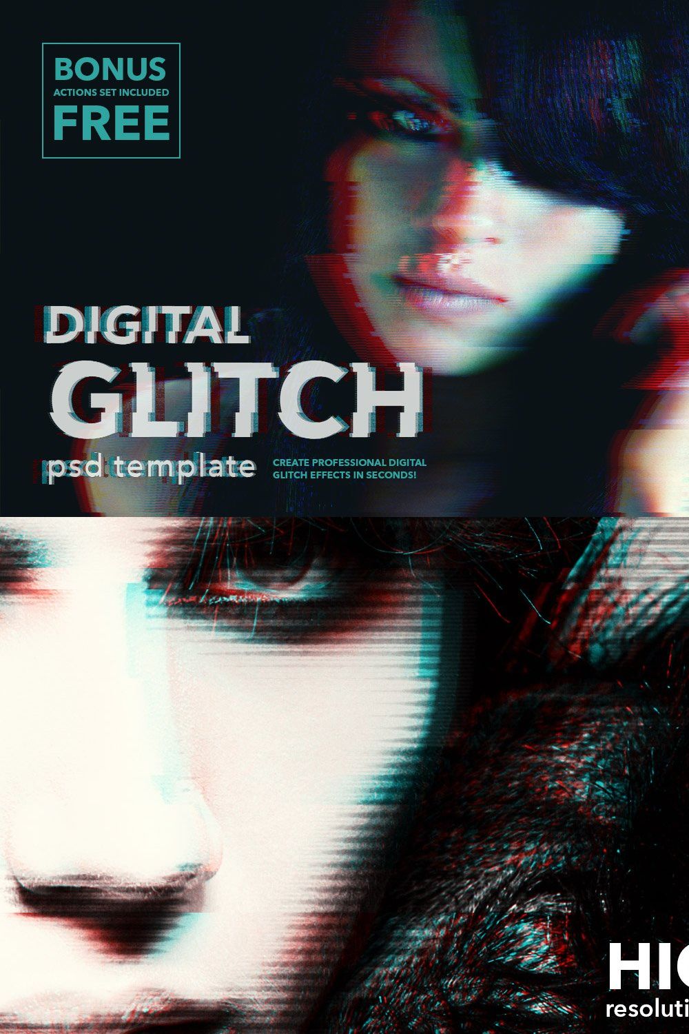Digital Glitch Effect PSD Templates pinterest preview image.