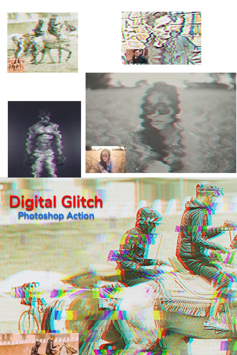 Digital Glitch Photoshop Action pinterest preview image.