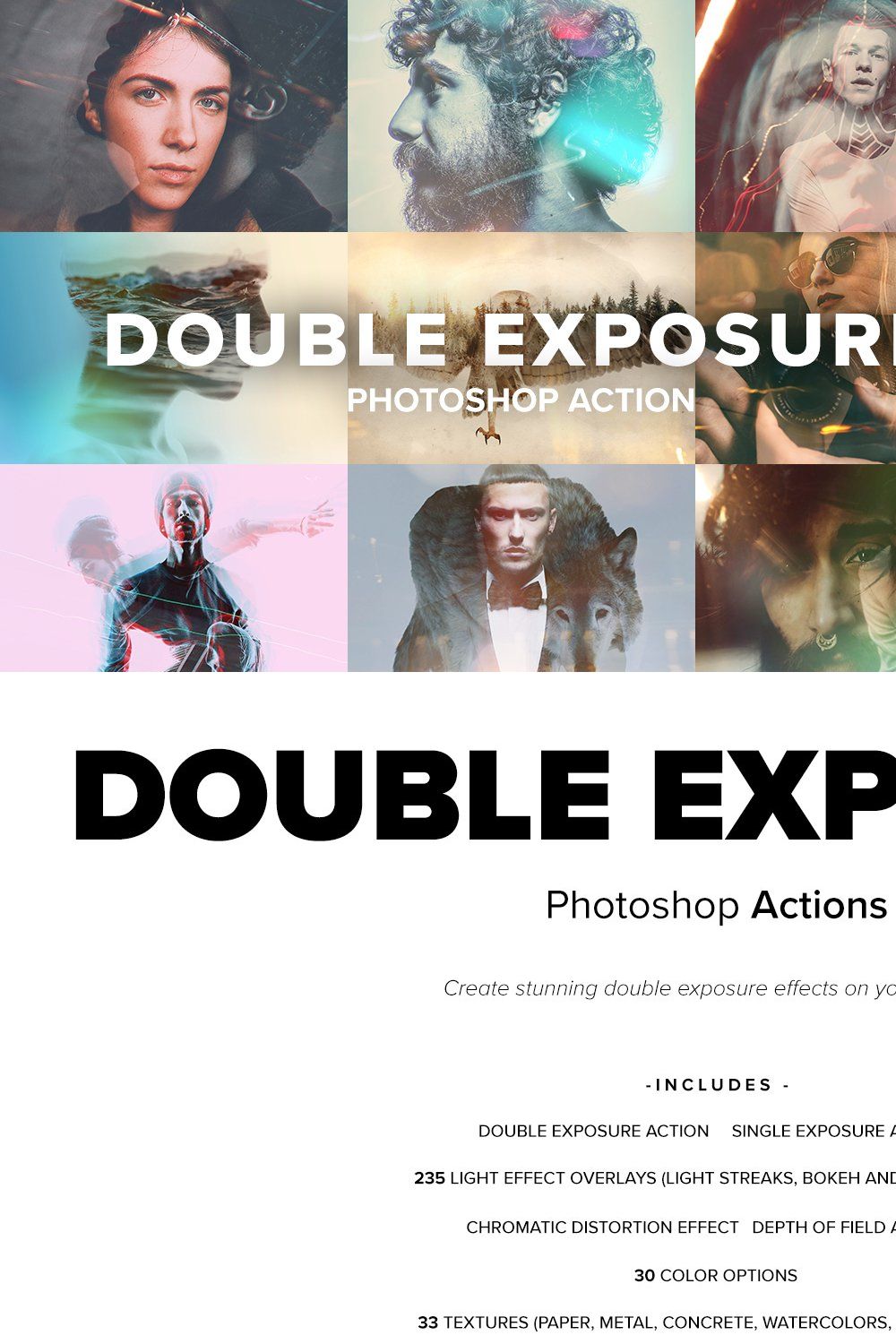 Double Exposure Photoshop Action pinterest preview image.