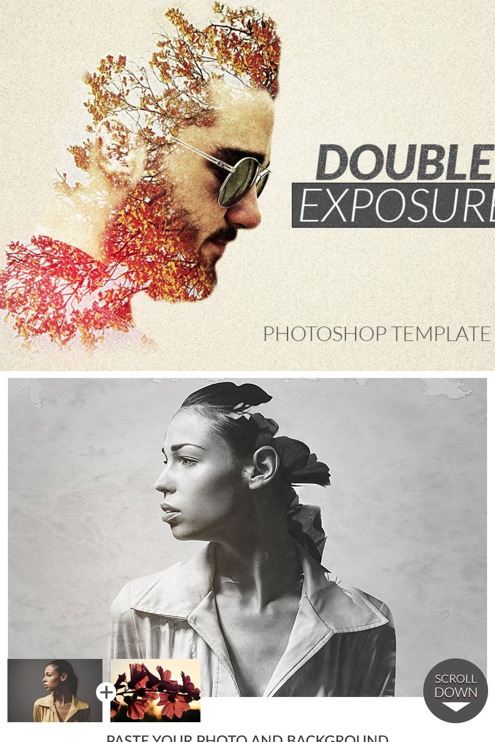 Double Exposure Photoshop Template pinterest preview image.