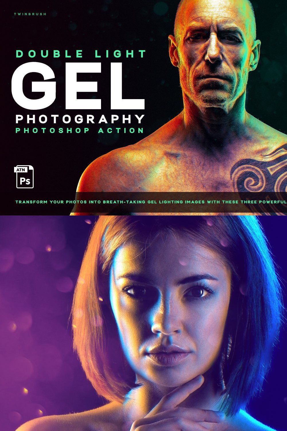 Dual lighting Gel Photoshop Action pinterest preview image.