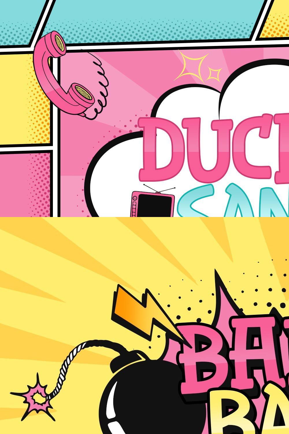 Duckie Sans Cartoon Comic Typeface pinterest preview image.