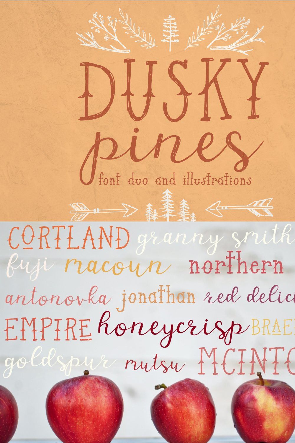 Dusky Pines Font Duo + Illustrations pinterest preview image.