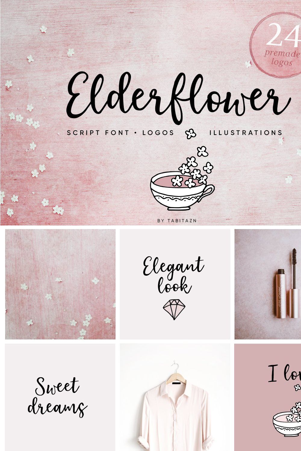 Elderflower script font + logos pinterest preview image.