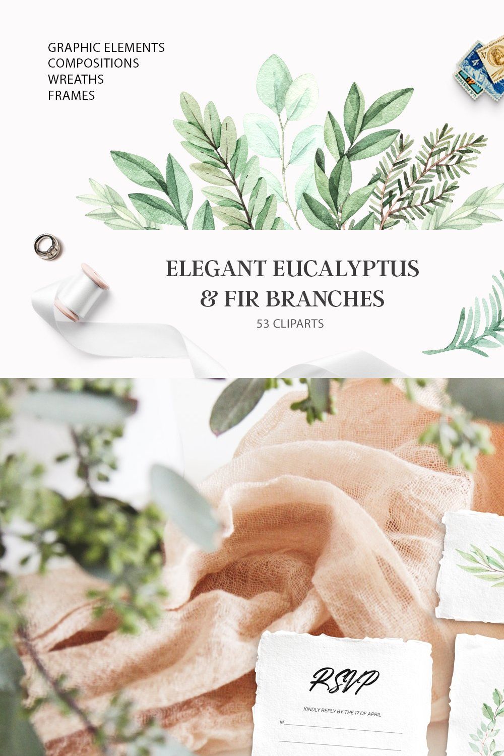 Elegant eucalyptus & fir branches pinterest preview image.