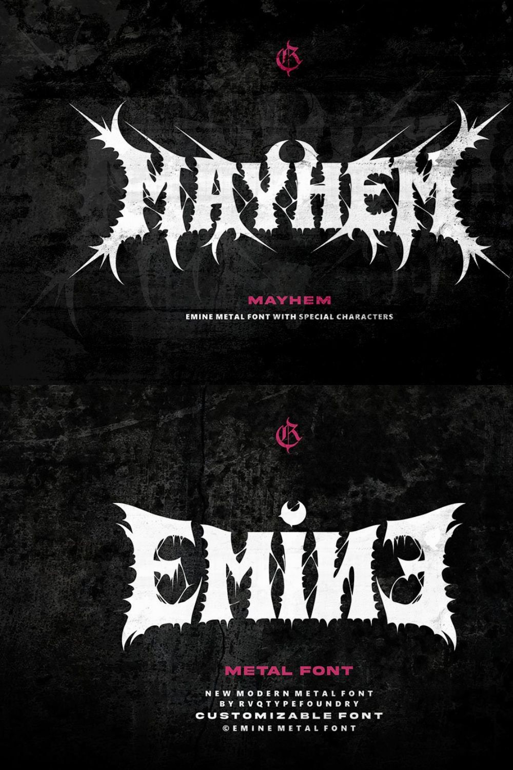 Emine Metal font (Mayhem) pinterest preview image.