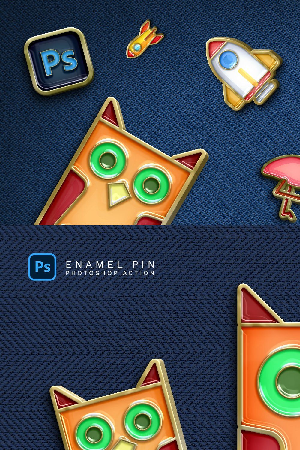 Enamel Pin Photoshop Action pinterest preview image.