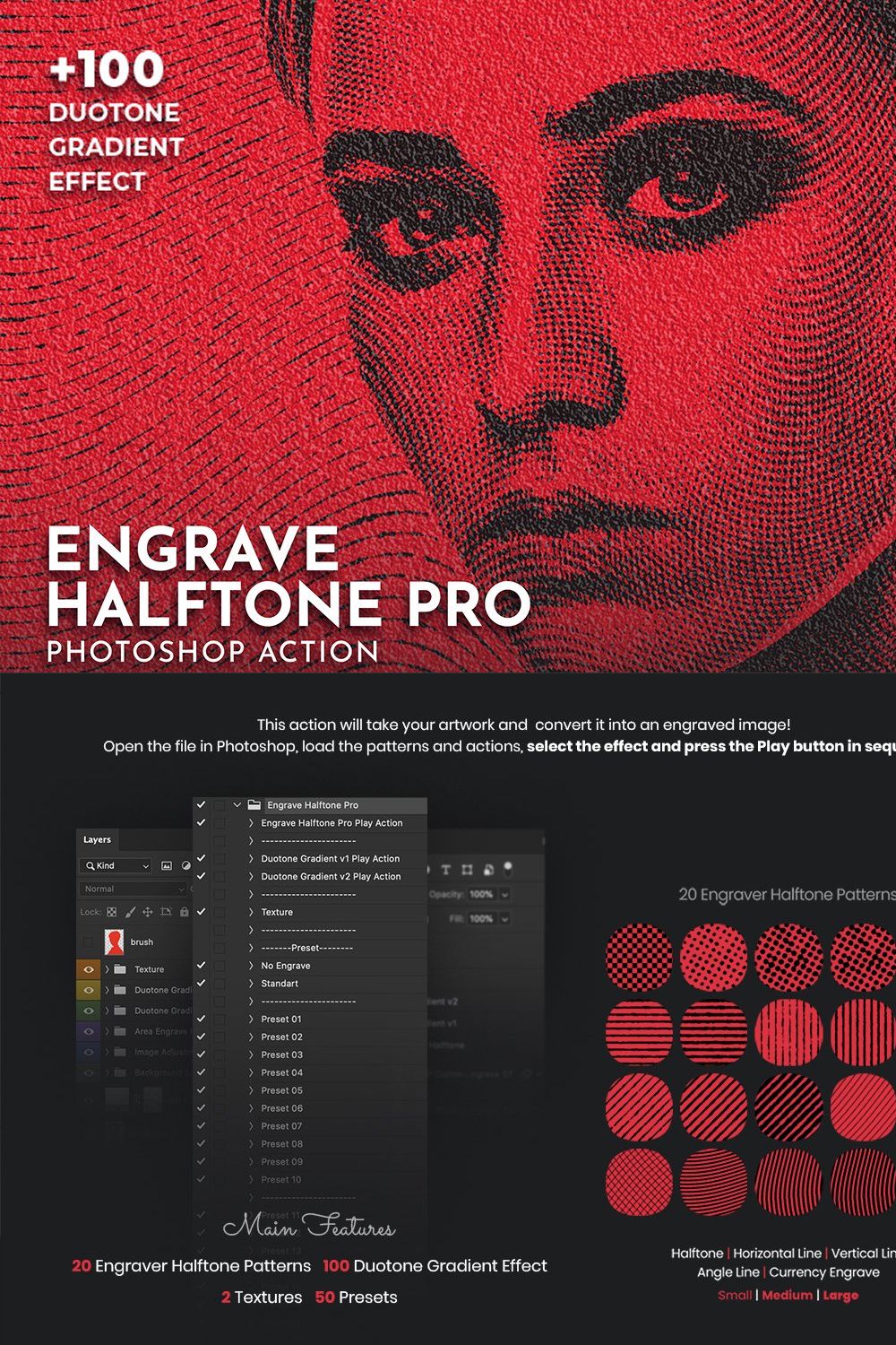 Engrave Halftone Pro Ps Action pinterest preview image.