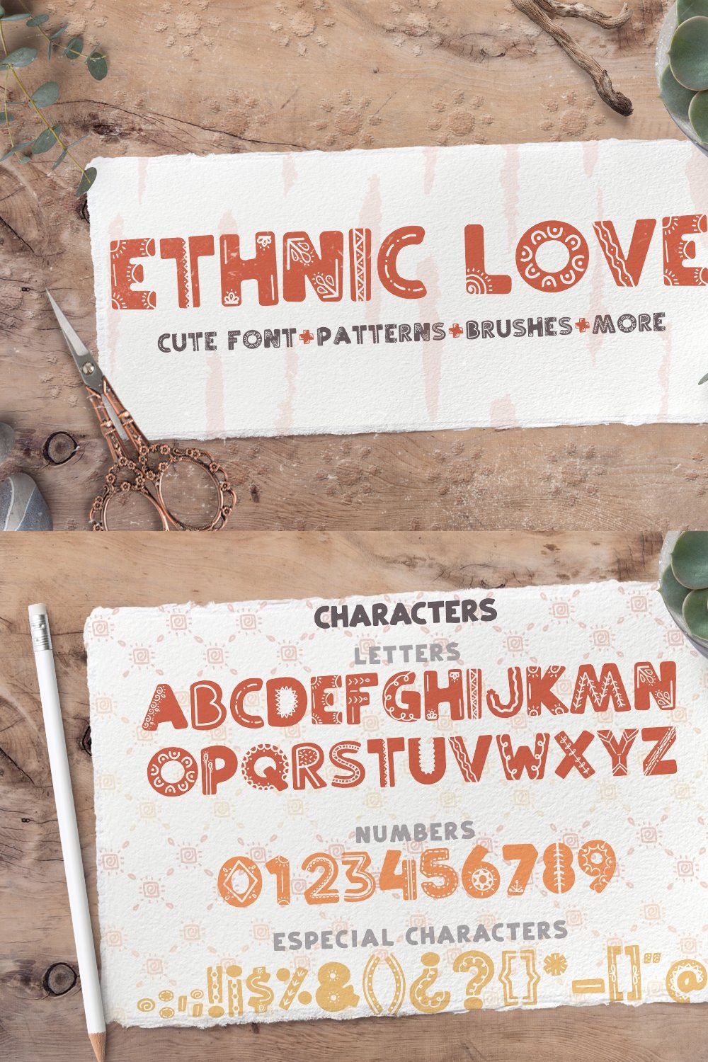 Ethnic love font BUNDLE+ 40 ELEMENTS pinterest preview image.