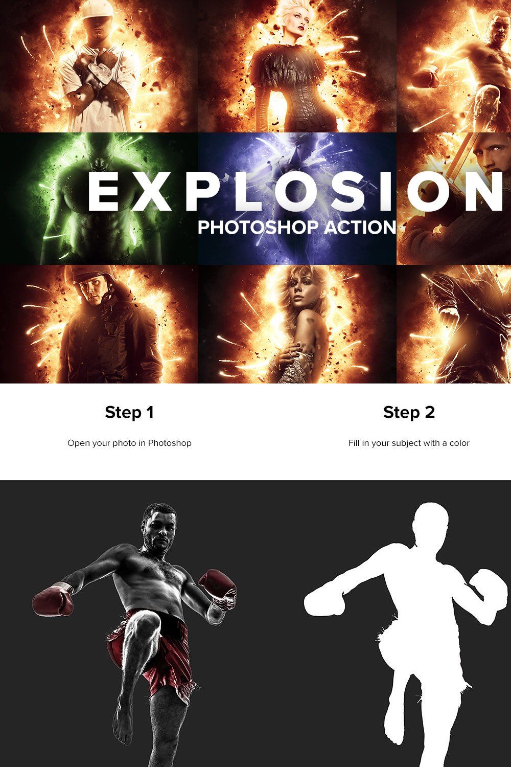 Explosion Photoshop Action pinterest preview image.