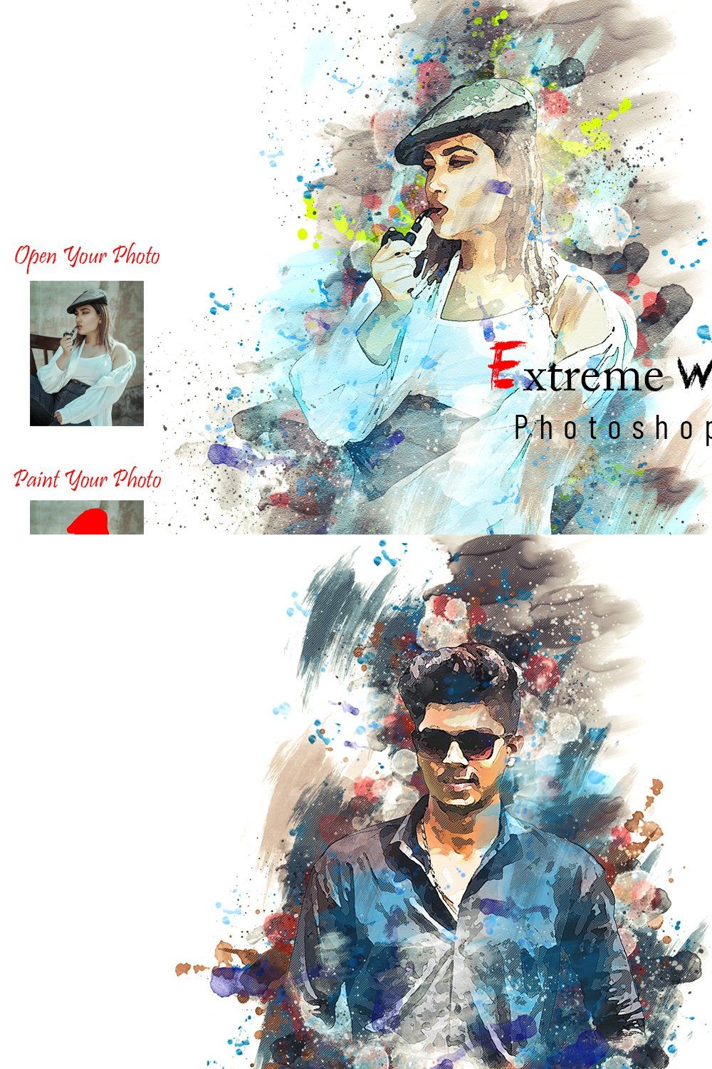 Extreme Watercolor Photoshop Action pinterest preview image.